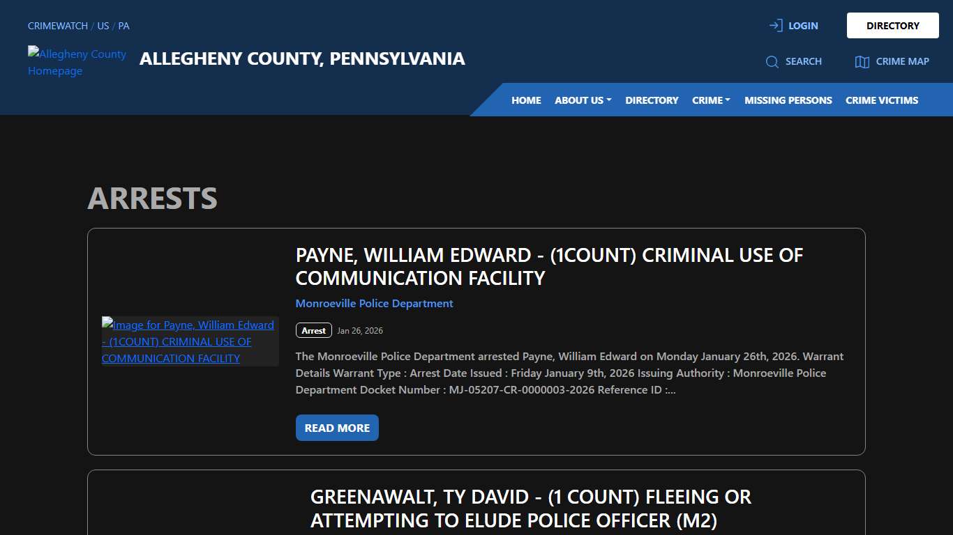 Arrests for Allegheny County, Pennsylvania CRIMEWATCH